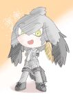  1girl arms_behind_back bangs black_hair blonde_hair bodystocking breast_pocket chibi collared_shirt commentary_request eyebrows_visible_through_hair full_body green_eyes grey_hair grey_shirt grey_shorts hair_between_eyes highres kemono_friends layered_sleeves legs_apart long_hair long_sleeves looking_at_viewer multicolored_hair necktie open_mouth orange_hair pocket renge_(renge1016) shirt shoebill_(kemono_friends) shoes short_over_long_sleeves short_sleeves shorts side_ponytail smile solo standing tail white_necktie wing_collar 