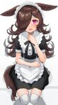  1girl absurdres alternate_costume amamoru_21 animal_ears apron black_hair blush commentary_request highres horse_ears horse_girl looking_at_viewer maid maid_headdress open_mouth rice_shower_(umamusume) simple_background thigh-highs umamusume violet_eyes white_background white_legwear 