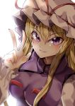  1girl absurdres backlighting blonde_hair breasts commentary_request dress eyebrows_visible_through_hair hair_between_eyes hat hat_ribbon highres large_breasts long_sleeves looking_at_viewer maboroshi_mochi mob_cap nail_polish purple_nails purple_tabard red_ribbon ribbon simple_background solo touhou upper_body v violet_eyes white_background white_dress white_headwear yakumo_yukari 