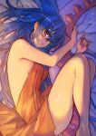  1girl backless_dress backless_outfit blue_hair dragon_girl dragon_tail dress feet_out_of_frame hair_between_eyes hair_ears halter_dress halterneck highres holding_own_tail holding_tail knees_up long_hair looking_at_viewer lying neck_ribbon on_bed on_side original red_dress red_eyes ribbon rumie sideless_outfit sleeveless smile solo tail very_long_hair 