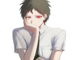  1boy badge bangs breast_pocket brown_eyes brown_hair chenniiiii collared_shirt covering_mouth danganronpa_(series) danganronpa_2:_goodbye_despair green_necktie grey_background hand_over_own_mouth heterochromia highres hinata_hajime male_focus necktie pocket red_eyes shirt short_hair simple_background solo symbol-only_commentary upper_body 