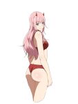  1girl ass back bangs bikini blunt_bangs breasts closed_mouth cropped_legs darling_in_the_franxx eyebrows_visible_through_hair eyeshadow from_behind green_eyes highres horns long_hair looking_at_viewer looking_back makeup oni_horns pink_hair red_bikini red_horns sbel02 simple_background smile solo straight_hair swimsuit white_background zero_two_(darling_in_the_franxx) 