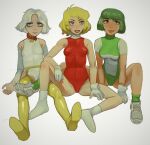  3girls :p absurdres belt_collar blonde_hair blue_eyes boots breasts brown_eyes closed_mouth collar copyright_request detached_sleeves eyeshadow garter_belt gloves green_hair green_legwear green_leotard grin highres jitome leotard long_sleeves looking_at_viewer makeup medium_breasts mossacannibalis multiple_girls red_leotard shoes short_hair short_sleeves simple_background sitting smile socks spread_legs thigh-highs thigh_boots tongue tongue_out white_background white_gloves white_hair white_leotard yellow_footwear 