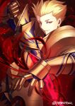  1boy absurdres armor aura blonde_hair dark_aura ea_(fate/stay_night) fate/grand_order fate/zero fate_(series) feet_out_of_frame fighting_stance foreshortening gilgamesh_(fate) gold_armor hair_slicked_back half-closed_eyes highres holding holding_weapon looking_at_viewer male_focus moto_(otemoto02) pauldrons shoulder_armor solo weapon 