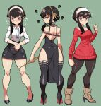  1girl absurdres ass bangs bare_shoulders black_dress black_hair blush breasts collared_shirt dress hairband high_heels highres holding holding_weapon long_hair looking_at_viewer mg991998 multiple_views office_lady red_eyes shirt sidelocks skirt smile spy_x_family sweater sweater_dress thick_thighs thigh-highs thighs weapon wide_hips yor_briar 