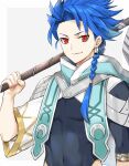  1boy absurdres asymmetrical_bangs asymmetrical_clothes bangs blue_hair bodysuit bodysuit_under_clothes braid braided_ponytail closed_mouth covered_navel cu_chulainn_(fate) earrings fate/grand_order fate/grand_order_arcade fate_(series) grin high_collar highres jewelry long_hair looking_at_viewer male_focus muscular muscular_male okuno_naru_(exoprsa) ponytail red_eyes setanta_(fate) simple_background skin_tight slit_pupils smile solo spiky_hair 