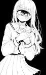  1girl absurdres bandage_on_face bandaged_neck bandages bangs blush cyclops eyebrows_visible_through_hair greyscale highres long_hair long_sleeves looking_at_viewer mntimccz monochrome monster_girl one-eyed original own_hands_together pleated_skirt school_uniform serafuku skirt smile solo 