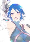  1girl aqua_(kingdom_hearts) armpits blue_eyes blue_hair breasts fingerless_gloves gloves highres keyblade kingdom_hearts kingdom_hearts_birth_by_sleep kingdom_hearts_iii kuziaaizuk looking_at_viewer open_mouth short_hair simple_background solo white_background 