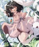  1girl animal_ears ayahi_4 bamboo bamboo_forest bangs black_hair blurry blush carrot_necklace clover commentary depth_of_field dress forest four-leaf_clover full_body hair_between_eyes hand_up highres inaba_tewi legs_folded looking_at_viewer midair nature open_mouth outstretched_arm pink_dress puffy_short_sleeves puffy_sleeves rabbit rabbit_ears rabbit_girl red_eyes red_ribbon ribbon ribbon-trimmed_dress short_hair short_sleeves solo teeth touhou upper_teeth 