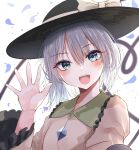  1girl black_headwear blush collared_shirt eyeball eyebrows_visible_through_hair frilled_shirt_collar frilled_sleeves frills green_eyes grey_hair hair_between_eyes hat hat_ribbon hegata_(hegatia_lapis) highres koishi_day komeiji_koishi long_sleeves open_mouth petals ribbon rose_petals shirt short_hair simple_background smile solo third_eye touhou white_background wide_sleeves yellow_ribbon yellow_shirt 