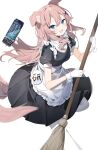  1girl absurdres animal_ear_fluff animal_ears apron blue_eyes blurry blurry_foreground blush broom can dog_ears dog_girl dog_tail earrings energy_drink frilled_apron frills gloves grey_background hair_between_eyes hair_ornament highres holding holding_broom inu_(puputizy) jewelry long_hair maid maid_apron monster_energy open_mouth original pink_hair simple_background smile solo tail white_gloves white_legwear x_hair_ornament 
