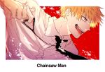  1boy bangs black_necktie blonde_hair border chainsaw_man collared_shirt denji_(chainsaw_man) highres izumi_(kisshot1126) looking_to_the_side necktie open_mouth pulling sharp_teeth shirt simple_background solo teeth tongue tongue_out white_background yellow_eyes 