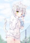  1girl animal_ears breath cat_ears cat_tail expressionless grey_hair highres jacket moco_ofuton original short_hair short_shorts shorts sleeves_past_fingers sleeves_past_wrists sweat tail towel track_jacket yellow_eyes 