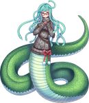  1girl artist_request bad_source cable_knit full_body glasses gorgon green_eyes green_hair lamia media_(monster_musume) monster_girl monster_musume_no_iru_nichijou monster_musume_no_iru_nichijou_online official_art red-framed_eyewear smile snake_hair solo sweat sweater transparent_background turtleneck turtleneck_sweater 