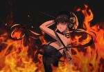  1girl 2v_(joyeong) absurdres arm_up bangs bare_shoulders black_dress black_hair breasts dagger dress embers eyebrows_visible_through_hair fiery_background fire flame floating_hair flower from_side gold_hairband hair_between_eyes hair_flower hair_ornament highres holding holding_dagger holding_weapon incoming_attack knife korean_commentary large_breasts looking_at_viewer parted_lips red_eyes rose solo spikes spy_x_family upper_body weapon yor_briar 