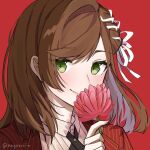  1girl bangs brown_hair close-up closed_mouth flower green_eyes hair_ornament holding holding_flower jacket kiyasuriin long_hair looking_at_viewer pink_flower red_jacket rosa_(tears_of_themis) shirt simple_background smile solo tears_of_themis white_shirt 