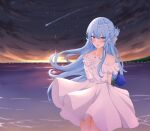  1girl absurdres bangs bare_shoulders blue_eyes blue_flower blue_hair blush comet dress eyebrows_visible_through_hair flower highres hololive hoshimachi_suisei long_hair looking_at_viewer shinigami_kiraki smile solo sundress sunset virtual_youtuber white_dress 