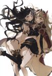  1girl 2girls armlet ass bikini black_bikini black_hair black_legwear black_ribbon blush breasts cape earrings ereshkigal_(fate) eyebrows_visible_through_hair fate/grand_order fate_(series) hair_ribbon highres hoop_earrings ishtar_(fate) jewelry light_brown_hair long_hair long_sleeves multiple_girls parted_lips red_eyes red_ribbon ribbon simple_background single_thighhigh small_breasts swimsuit thigh-highs tiara two_side_up utsuhostoria white_background 