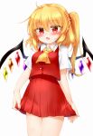  1girl :d ascot bangs blonde_hair blush breasts cowboy_shot crystal eyebrows_visible_through_hair fang flandre_scarlet hair_between_eyes highres long_hair looking_at_viewer marukyuu_ameya miniskirt no_hat no_headwear open_mouth pleated_skirt pointy_ears puffy_short_sleeves puffy_sleeves red_eyes red_skirt red_vest shirt short_sleeves skin_fang skirt smile solo thighs touhou vest white_shirt wings 