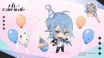  1boy balloon blue_eyes blush candle chibi cupcake edmond_(nu_carnival) epaulettes food gem happy_birthday highres knight light_blue_hair long_hair long_sleeves low_ponytail male_focus nu_carnival official_art 