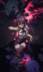  1girl bangs bare_shoulders black_hair black_legwear black_ribbon black_shorts blood blood_on_clothes blood_on_face blue_blood chainsaw_man ciloranko explosion from_above full_body hair_between_eyes hand_up highres looking_at_viewer neck_ribbon reze_(chainsaw_man) ribbon shirt short_hair shorts sleeveless sleeveless_shirt smile solo thigh-highs white_shirt 
