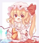  1girl :d bangs blonde_hair blush bow eyebrows_visible_through_hair fang flandre_scarlet frilled_shirt_collar frills happy hat hat_bow index_finger_raised long_hair looking_at_viewer mob_cap open_mouth puffy_short_sleeves puffy_sleeves red_bow red_eyes red_ribbon red_skirt red_vest ribbon shirt short_sleeves skirt skirt_set smile solo touhou vest white_headwear white_shirt wings wrist_cuffs yuzu_shino_(bon2rose) 