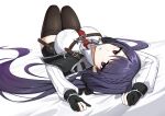  1girl absurdres arms_up bangs black_gloves black_legwear black_survival braid breasts collared_shirt eyebrows_visible_through_hair gloves hair_ornament highres hyejin_(black_survival) knees_up large_breasts lix long_hair long_sleeves looking_at_viewer lying on_back parted_lips purple_hair shirt solo thigh-highs thighs violet_eyes white_background white_shirt 