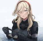  1girl blonde_hair blue_eyes bodysuit closed_mouth eyepiece girls_frontline hair_between_eyes hair_ornament hairband hairclip hairpin highres long_hair looking_at_viewer mole mole_under_mouth on_water one_eye_closed partially_submerged red_hairband shaw_(girls&#039;_frontline) upper_body water wet wet_face wetsuit yotsuyama_(yomo8ama) 