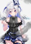  1girl amane_kanata angel angel_wings bare_shoulders belt black_dress blue_belt blue_hair blue_legwear blue_wings blush closed_mouth colored_inner_hair dress feathered_wings feathers gradient gradient_dress gradient_wings grey_hair hair_between_eyes hair_ornament hair_over_one_eye hairclip halo highres hololive jewelry long_hair looking_at_viewer mini_wings motoi_(croa76) multicolored_hair multicolored_wings necklace pink_hair pleated_dress reaching_out short_dress single_hair_intake single_thighhigh sitting sleeveless sleeveless_dress smile solo star_(symbol) star_halo star_necklace streaked_hair thigh-highs two_side_up violet_eyes virtual_youtuber white_wings wings 