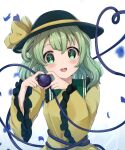  1girl :d black_headwear blush frilled_shirt_collar frilled_sleeves frills green_eyes green_hair hat hat_ribbon heart heart-shaped_pupils heart_hands heart_of_string highres komeiji_koishi long_sleeves looking_at_viewer open_mouth ribbon shirt short_hair skirt smile solo symbol-shaped_pupils third_eye touhou upper_body user_phfr5333 white_background wide_sleeves yellow_shirt 