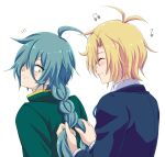  2boys ^_^ ahoge antenna_hair aqua_hair ashe_bradley blonde_hair blue_jacket blush braid braiding_hair closed_eyes closed_mouth from_side green_shirt hair_between_eyes hair_over_one_eye hairdressing jacket long_hair looking_back male_focus moon-realm multiple_boys musical_note notice_lines sanpaku shirt short_hair single_braid smile upper_body white_background white_shirt wilardo_adler witch&#039;s_heart yellow_eyes 