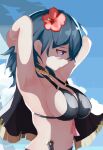  1girl alternate_costume armpits arms_up bangs bikini bikini_top_only blue_eyes blue_hair blue_sky breasts byleth_(fire_emblem) byleth_eisner_(female) clouds fire_emblem fire_emblem:_three_houses fire_emblem_heroes flower from_side hair_flower hair_ornament jewelry kitami_tsuzuka knife large_breasts long_hair necklace official_alternate_costume shaded_face sideboob sky solo swimsuit upper_body 