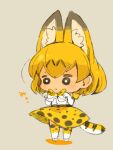  1girl animal_ears blonde_hair bow bowtie chibi closed_mouth elbow_gloves full_body gloves kemono_friends mota orange_bow print_bow print_bowtie serval_(kemono_friends) serval_print short_hair simple_background skirt sleeveless solo tail thigh-highs 