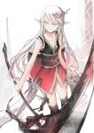 1girl back_bow bangs bare_shoulders bow breasts clothing_request collarbone feet_out_of_frame gradient_clothes grey_eyes hair_ornament holding holding_scythe japanese_clothes long_hair obi original sash scythe sketch small_breasts solo thigh-highs white_hair zeixique 