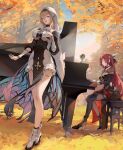  2girls absurdres aponia_(honkai_impact) autumn_leaves bangs black_dress blue_eyes breast_curtains breasts brown_hair butterfly_wings choker cup dress eden_(honkai_impact) grand_piano high_heels highres honkai_(series) honkai_impact_3rd instrument kodamazon large_breasts long_bangs long_hair multiple_girls music nun official_art open_mouth outline pantyhose pelvic_curtain piano playing_instrument redhead singing sitting sky standing tree veil white_footwear wings yellow_eyes 
