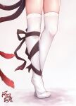  1girl absurdres cat_tail feng_ling_(fenglingwulukong) highres kaenbyou_rin leg_ribbon legs lower_body multiple_tails nekomata over-kneehighs ribbon shadow simple_background solo tail tail_ornament thigh-highs tiptoes touhou two_tails white_background white_legwear 