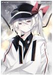  1girl absurdres alternate_costume artist_name bangs black_headwear character_name closed_mouth dated flandre_scarlet hair_between_eyes hat highres jacket long_hair looking_at_viewer open_clothes open_jacket senli shirt signature solo touhou 