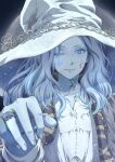  1girl artist_request blue_eyes blue_hair blue_skin cloak colored_skin cracked_skin dress elden_ring extra_arms fur_cloak hat highres jewelry long_hair looking_at_viewer moon one_eye_closed ranni_the_witch ring smile solo white_dress witch witch_hat 