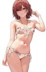  1girl arm_up armpits bangs bare_shoulders bikini breasts brown_hair collarbone contrapposto cowboy_shot eyebrows_visible_through_hair floral_print front-tie_bikini front-tie_top gin00 halterneck highres higuchi_madoka idolmaster idolmaster_shiny_colors looking_at_viewer medium_hair mole mole_under_eye navel side-tie_bikini simple_background small_breasts solo standing stomach swimsuit thighs violet_eyes white_background white_bikini 