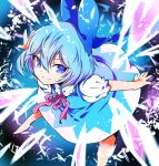  1girl absurdres barefoot blue_bow blue_dress blue_eyes blue_hair bow cirno closed_mouth detached_wings dress fairy hair_between_eyes hair_bow highres ice ice_wings ichizen_(o_tori) one-hour_drawing_challenge puffy_short_sleeves puffy_sleeves shirt short_hair short_sleeves smile solo touhou white_shirt wings 