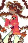  1girl :&lt; absurdres braid brown_hair closed_eyes closed_mouth highres holding holding_weapon knife long_hair long_sleeves madotsuki oversized_clothes pink_shirt poppy_(p0ply) shirt skirt solo standing twin_braids very_long_hair weapon white_legwear yume_nikki 