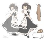  1girl black_eyes black_footwear black_hair blush brown_hair changing_clothes changing_room dress full_body hat high_heels highres looking_at_mirror maid mirror original short_hair simple_background skirt smile solo temmie_chang temmie_chang_(character) 