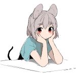  1girl animal_ears blush capelet eyebrows_visible_through_hair grey_hair hands_on_own_cheeks hands_on_own_face head_rest highres kashiwa_kona looking_at_viewer mouse_ears mouse_tail nazrin red_eyes shirt short_hair short_sleeves sketch solo tail touhou upper_body 