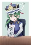  1girl asymmetrical_hair blue_vest chair desk epaulettes eyebrows_behind_hair gavel green_eyes green_hair hat highres holding holding_paper long_sleeves looking_at_viewer nervous_smile open_mouth paper ribbon shiki_eiki short_hair simple_background sitting solo sweat sweatdrop touhou vest yokotate020 