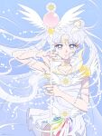  1girl absurdres bangs beads bishoujo_senshi_sailor_moon blue_background choker collarbone double_bun english_commentary facial_mark floating_hair forehead_mark highres holding holding_staff long_hair parted_bangs sailor_cosmos sidney_deng solo staff twintails violet_eyes white_choker white_hair wings 