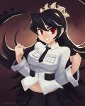  1girl black_hair black_skirt breasts clenched_hands clenched_teeth facing_viewer filia_(skullgirls) highres looking_at_viewer medium_breasts navel necktie red_eyes rolleta_sousa samson_(skullgirls) shirt skirt skullgirls smile solo teeth twitter_username white_shirt 