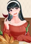  1girl absurdres alcohol bangs bare_shoulders basket black_hair blush bottle bread breasts collarbone cup drinking_glass drunk earrings food gold_earrings hairband hand_up highres holding holding_bottle jewelry large_breasts long_hair looking_to_the_side nakiri_hout off-shoulder_sweater off_shoulder open_mouth red_eyes red_sweater sitting solo spy_x_family straight_hair sweater table upper_body white_hairband wine wine_bottle wine_glass yor_briar 