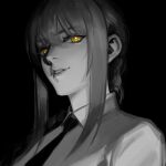  1girl bangs braid chainsaw_man collared_shirt endless_(1482999) face greyscale looking_at_viewer makima_(chainsaw_man) monochrome necktie parted_lips portrait shirt sidelocks single_braid smirk solo spot_color yellow_eyes 