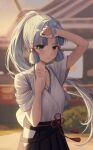  1girl armpits ayaka_(genshin_impact) blue_eyes blue_hair blurry_background blush dripping genshin_impact japanese_clothes looking_at_viewer ponytail sweat very_long_hair wiping_face wiping_sweat 