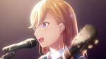  1girl :d bangs blonde_hair eyebrows_visible_through_hair highres holding holding_instrument instrument kuro_est_noir love_live! love_live!_superstar!! microphone_stand music portrait shibuya_kanon short_hair singing smile solo swept_bangs violet_eyes wing_collar 